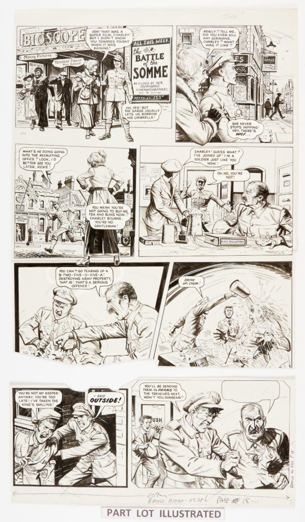 Charley's War: three original artworks (1979) by Joe Colquhoun with script by Pat Mills for Battle-Action No 286 pages 16, 17, 18 (including two alternative lower panels for pg 18). 'March 1917. Charley Bourne was home on leave recovering from his wounds in the trenches. Meanwhile Charley's younger brother, Wilf, was about to make an important decision... Pen and ink on card, 18 x 15 ins (3 artworks)