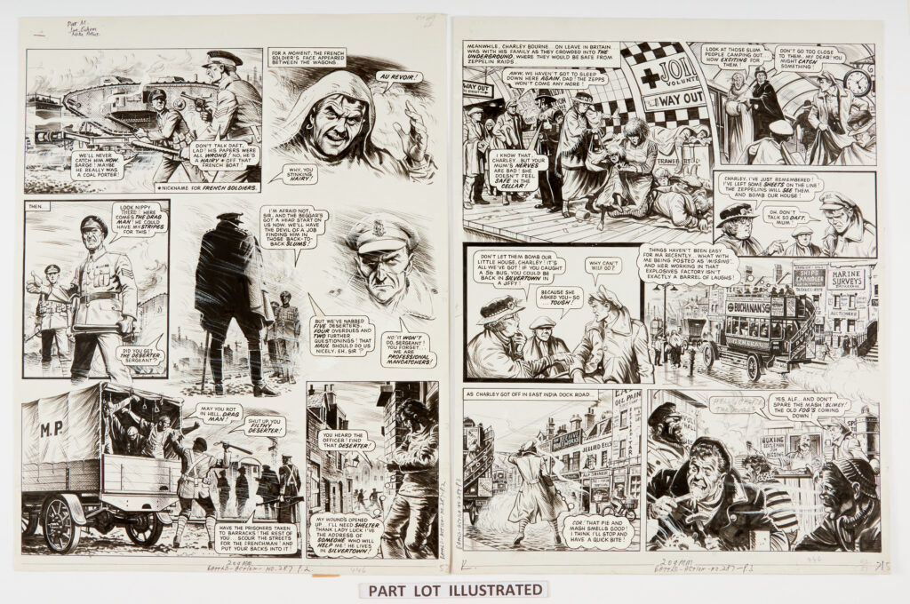 Charley's War: 3 original artworks (1979) by Joe Colquhoun with script by Pat Mills for Battle-Action No 287 pgs 2, 3, 4. 'March 1917. The M.P.'s … led by the sinister 'Drag Man' … continued rounding up deserters, but one French soldier still eluded them ... until a near fatal encounter with Charley Bourne... Pen and ink on card, 18 x 15 ins (3 artworks)