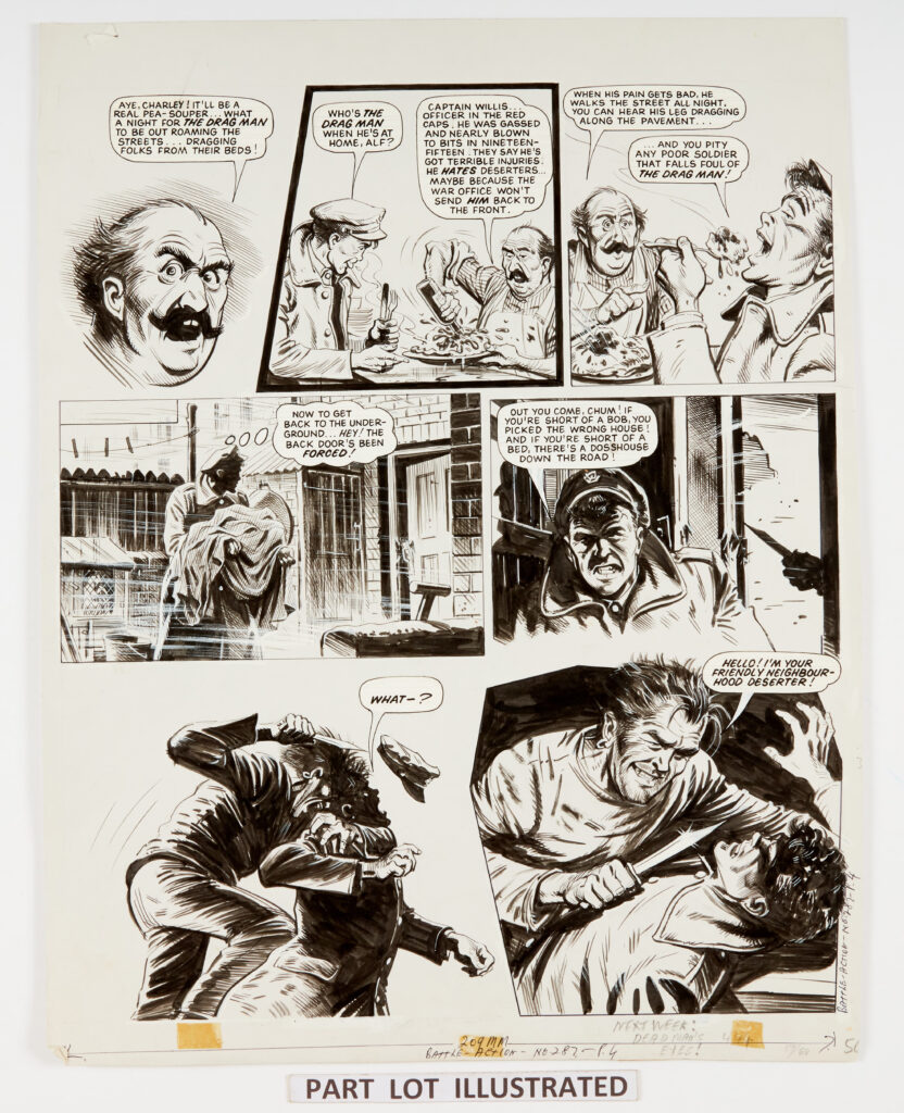 Charley's War: 3 original artworks (1979) by Joe Colquhoun with script by Pat Mills for Battle-Action No 287 pgs 2, 3, 4. 'March 1917. The M.P.'s … led by the sinister 'Drag Man' … continued rounding up deserters, but one French soldier still eluded them ... until a near fatal encounter with Charley Bourne... Pen and ink on card, 18 x 15 ins (3 artworks)