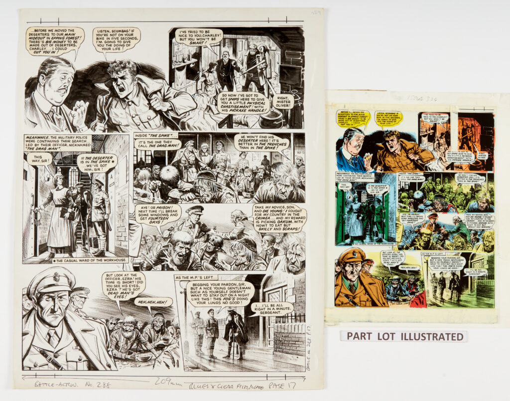 Charley's War: 3 original artworks (1979) by Joe Colquhoun with script by Pat Mills for Battle-Action 288 pgs 16, 17 18 with original Printer's colour screenprints for pages 16 and 17. 'March 1917. Charley Bourne was on leave in Britain recovering from his grim experiences on the Western Front. As he returned home one night, he came face to face with a French deserter wanted by the Military Police.' Pen and ink on card, 18 x 15 ins (3 artworks and one colour proof) (4)