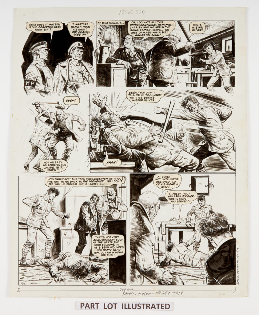 Charley's War: 3 original artworks (1979) by Joe Colquhoun with script by Pat Mills for Battle-Action 288 pgs 16, 17 18 with original Printer's colour screenprints for pages 16 and 17. 'March 1917. Charley Bourne was on leave in Britain recovering from his grim experiences on the Western Front. As he returned home one night, he came face to face with a French deserter wanted by the Military Police.' Pen and ink on card, 18 x 15 ins (3 artworks and one colour proof) (4)
