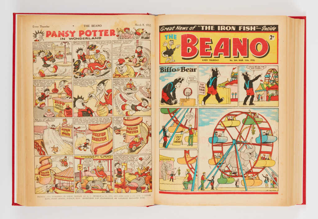 Beano (1952) 494-545. Complete year in bound volume. Dennis the Menace first front cover with Biffo in No 540. Starring Lord Snooty and His Pals, The Shipwrecked Circus and Pansy Potter in Wonderland. Due to industrial action issues 517-528 had newsagent's scarcity message to front cover margins and complete years are therefore scarce. Even scarcer in high grades. A few [fn-], balance [fn/vfn+] (52)