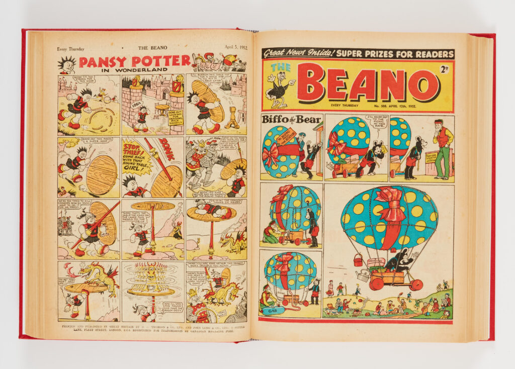 Beano (1952) 494-545. Complete year in bound volume. Dennis the Menace first front cover with Biffo in No 540. Starring Lord Snooty and His Pals, The Shipwrecked Circus and Pansy Potter in Wonderland. Due to industrial action issues 517-528 had newsagent's scarcity message to front cover margins and complete years are therefore scarce. Even scarcer in high grades. A few [fn-], balance [fn/vfn+] (52)