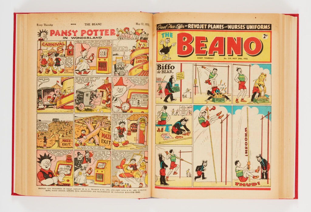 Beano (1952) 494-545. Complete year in bound volume. Dennis the Menace first front cover with Biffo in No 540. Starring Lord Snooty and His Pals, The Shipwrecked Circus and Pansy Potter in Wonderland. Due to industrial action issues 517-528 had newsagent's scarcity message to front cover margins and complete years are therefore scarce. Even scarcer in high grades. A few [fn-], balance [fn/vfn+] (52)