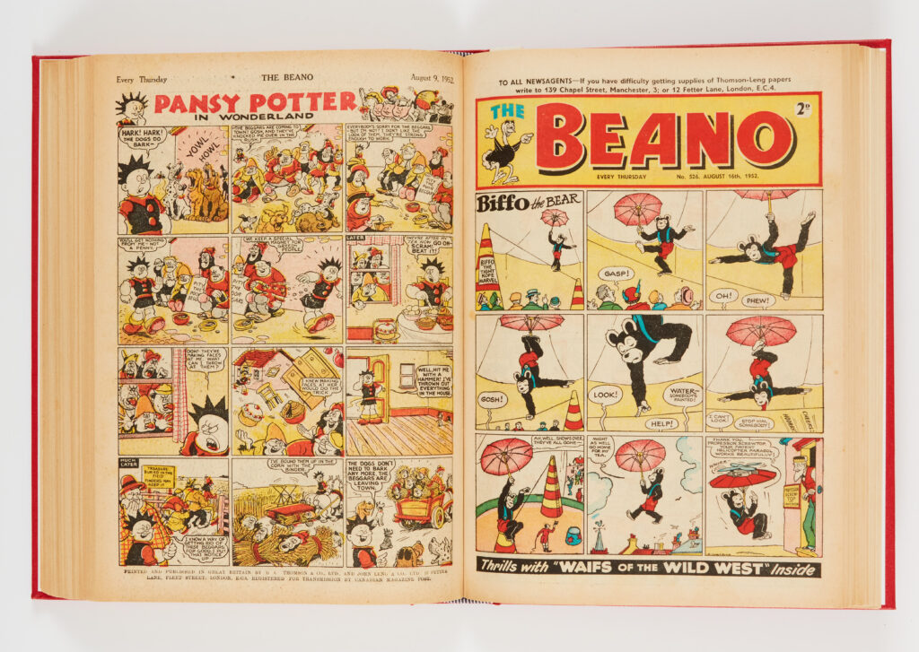Beano (1952) 494-545. Complete year in bound volume. Dennis the Menace first front cover with Biffo in No 540. Starring Lord Snooty and His Pals, The Shipwrecked Circus and Pansy Potter in Wonderland. Due to industrial action issues 517-528 had newsagent's scarcity message to front cover margins and complete years are therefore scarce. Even scarcer in high grades. A few [fn-], balance [fn/vfn+] (52)