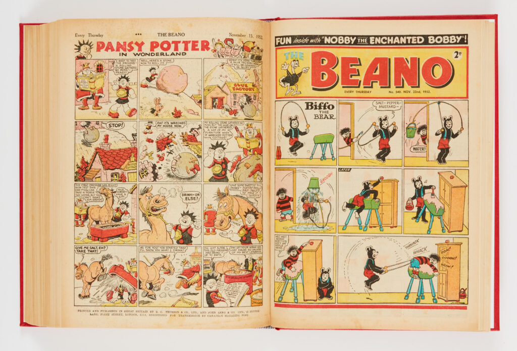 Beano (1952) 494-545. Complete year in bound volume. Dennis the Menace first front cover with Biffo in No 540. Starring Lord Snooty and His Pals, The Shipwrecked Circus and Pansy Potter in Wonderland. Due to industrial action issues 517-528 had newsagent's scarcity message to front cover margins and complete years are therefore scarce. Even scarcer in high grades. A few [fn-], balance [fn/vfn+] (52)