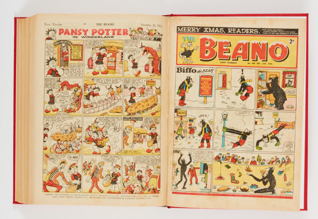 Beano (1952) 494-545. Complete year in bound volume. Dennis the Menace first front cover with Biffo in No 540. Starring Lord Snooty and His Pals, The Shipwrecked Circus and Pansy Potter in Wonderland. Due to industrial action issues 517-528 had newsagent's scarcity message to front cover margins and complete years are therefore scarce. Even scarcer in high grades. A few [fn-], balance [fn/vfn+] (52)