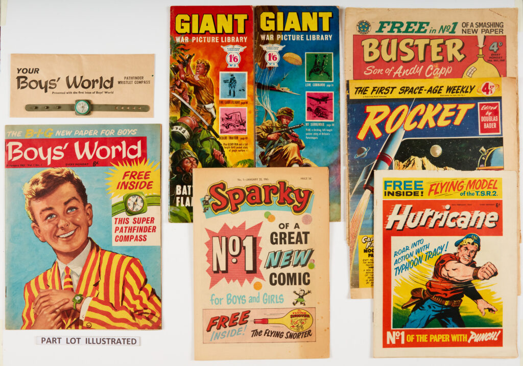 Boys' World 1 (1963) wfg Pathfinder Wristlet Compass in original envelope [fn], Buster 1 (1960 [vg-], Giant War Picture Library (1964) 1, 2 [both vg], Hurricane 1 (1964) [fn], Jag 1 (1968) wfg Bobby Moore's Book of the FA Cup, 2 wfg Soccer '68 Club Colours Wall Chart, 3 wfg Club Colours Wall Chart pt 2 [vg-/fn-/vg], Rocket No 1 (1956) [fn-], Sparky 1 (1965) [fn-] (10)