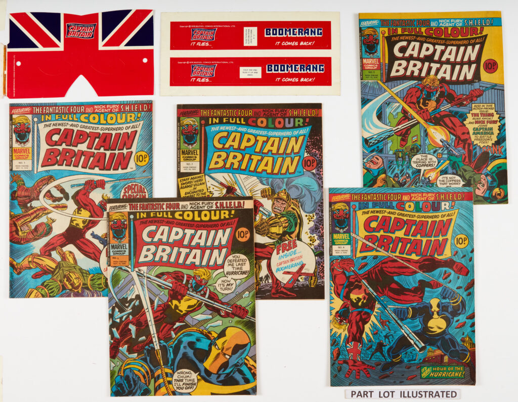 Captain Britain (1976) 1-10. No 1 wfg Mask (eye pieces intact) [vfn], Gift as new, No 2 wfg Boomerang [vfn], Gift as new, 3-10 [vfn) (10)