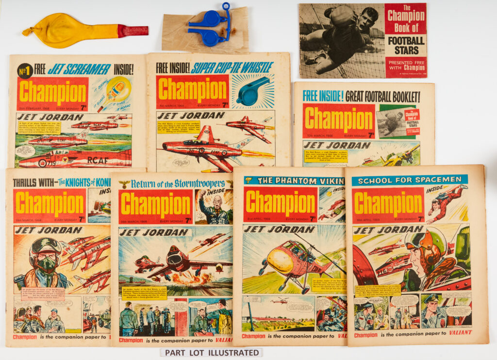 Champion (1966) No 1 [fn+] wfg Jet Screamer, No 2 [vg] wfg Super Cup-Tie Whistle, No 3 [fn+] wfg Champion Book of Football Stars and (unnumbered) 4-15 last issue. Starring Jet Jordan by Eric Bradbury, Return of the Storm Troopers, The Phantom Viking and Battler Britton. No 13 mangled back cover with top piece torn away [gd], a few [vg], balance [fn-/fn+] (15)