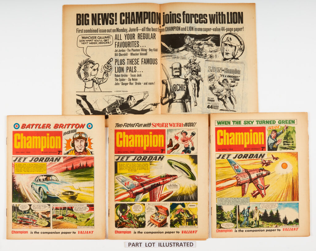 Champion (1966) No 1 [fn+] wfg Jet Screamer, No 2 [vg] wfg Super Cup-Tie Whistle, No 3 [fn+] wfg Champion Book of Football Stars and (unnumbered) 4-15 last issue. Starring Jet Jordan by Eric Bradbury, Return of the Storm Troopers, The Phantom Viking and Battler Britton. No 13 mangled back cover with top piece torn away [gd], a few [vg], balance [fn-/fn+] (15)