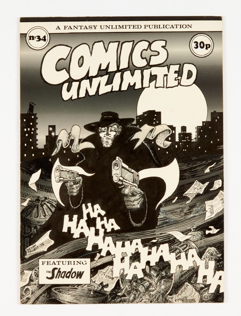 The Shadow original fanzine cover artwork (1975) drawn and signed by Bryan Talbot for Comics Unlimited # 34 (1976) and published by Alan Austin's Fantasy Unlimited. From the Alan Austin Archive of original artwork. Indian ink highlighted by Letraset on board. 12 x 8 ins. Alan Austin (1955-2017) was the first full-time comics dealer in the UK, starting 'Heroes' comic shop in an Islington basement in 1979. He produced the first Comic Book Price Guide for Great Britain, published fanzines including Fantasy Unlimited, Comics Unlimited, DC & Marvel Indexes and Golden Age. He was known to his many customers and friends as 'The Guv'nor', but he was much more than that - a Titan of British and US comic book fandom.