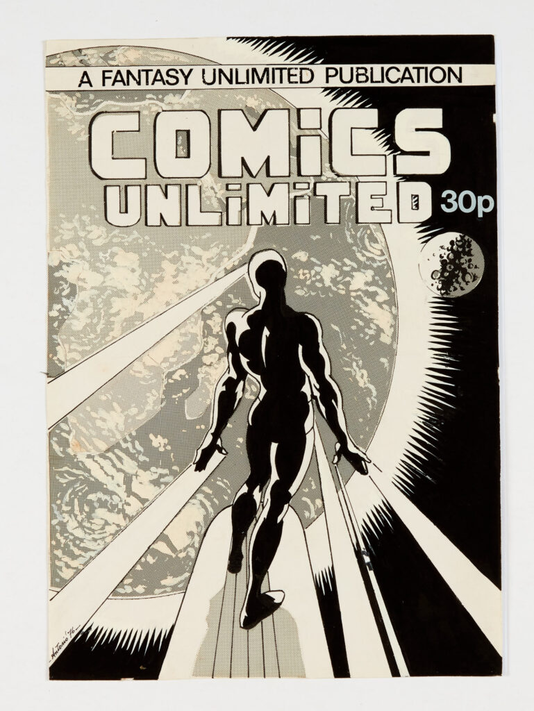Silver Surfer fanzine front cover original artwork (1976) drawn and signed by Antonio Ghura for Comics Unlimited # 37. From the Alan Austin Archive of original Artwork. Indian ink highlighted by Letraset on paper. 11 x 8 ins