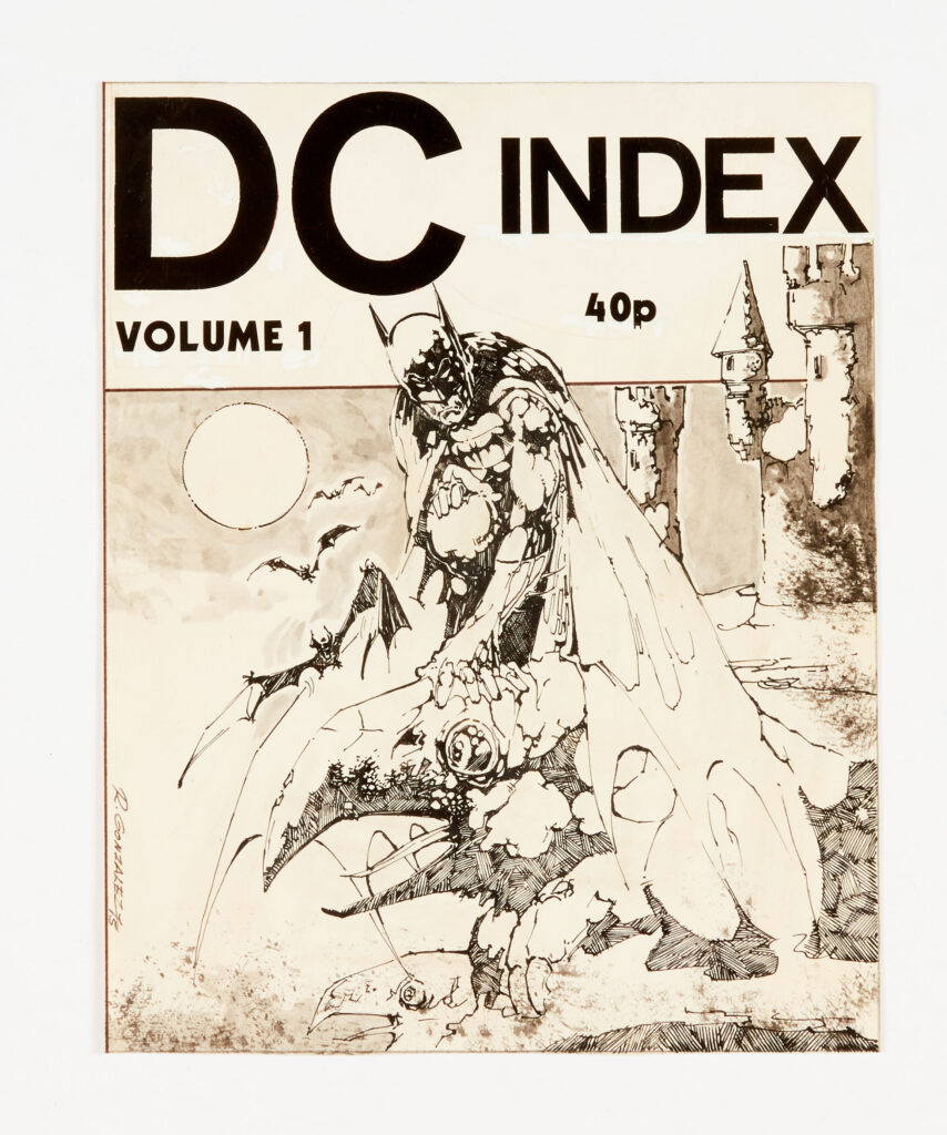 DC Index Vol. 1 Fanzine front cover, Batman artwork (1975) drawn and signed by Rafael Gonzalez (Negrete ('Rafa'). From the Alan Austin Archive of original artwork. Indian ink and wash on paper. 10 x 8 ins