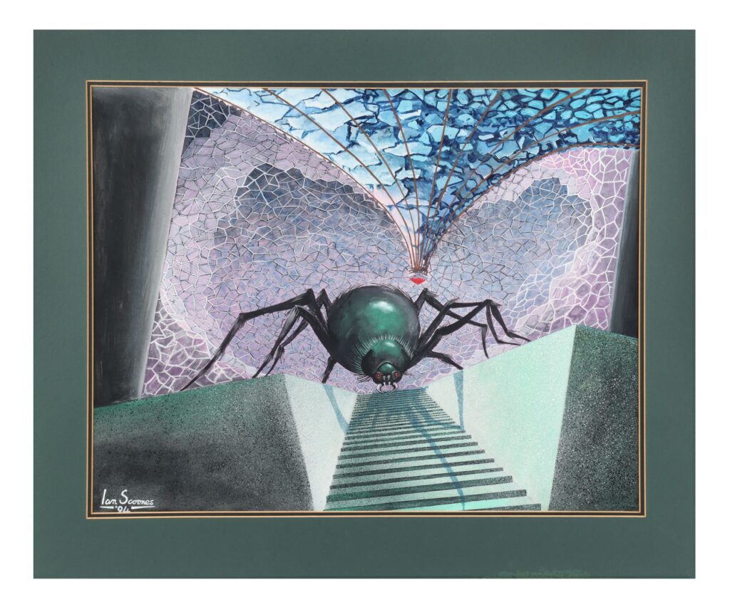 Original painting created by visual effects designer and artist Ian Scoones. Completed in 1994 but based on imagery conceived from the 1974 Doctor Who story, "Planet of the Spiders". One of the limited edition "Spacescapes" print series, of which only 2000 copies were created. A hand-painted original, signed by Scoones. The painting depicts the Queen Spider seated in her cavernous Crystal lair. Dimensions (framed): 45 cm x 60 cm (17.75" x 23.75").