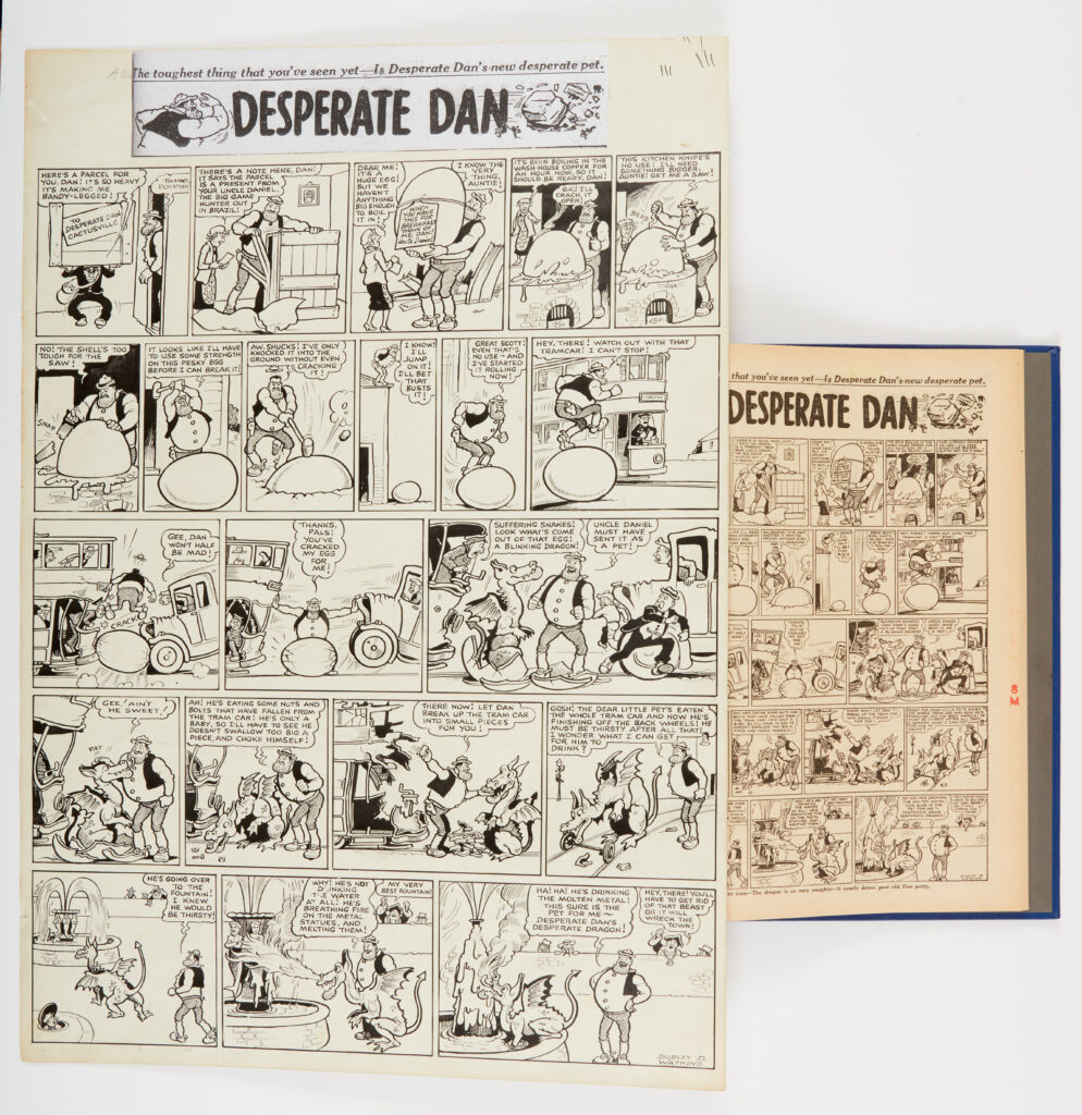Desperate Dan original artwork (1947) drawn and signed by Dudley Watkins from The Dandy Apr 12 1947. Dan's dear little pet becomes Desperate Dan's Desperate Dragon. Indian ink on cream cartridge paper. 21 x 15 ins (The comic is also illustrated but not included in the lot).