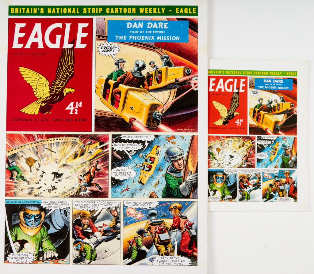 Dan Dare original Phoenix Mission artwork (late 1990s) painted and signed by Don Harley for Spaceships Away No 3 (2003), included in the lot. 'The old Z-19 spaceship explodes activating the Black Cat's remote drone-ship fighting machines just as Dan and his crew escape with moments to spare..' Bright gouache colours on board. 20 x 15 ins