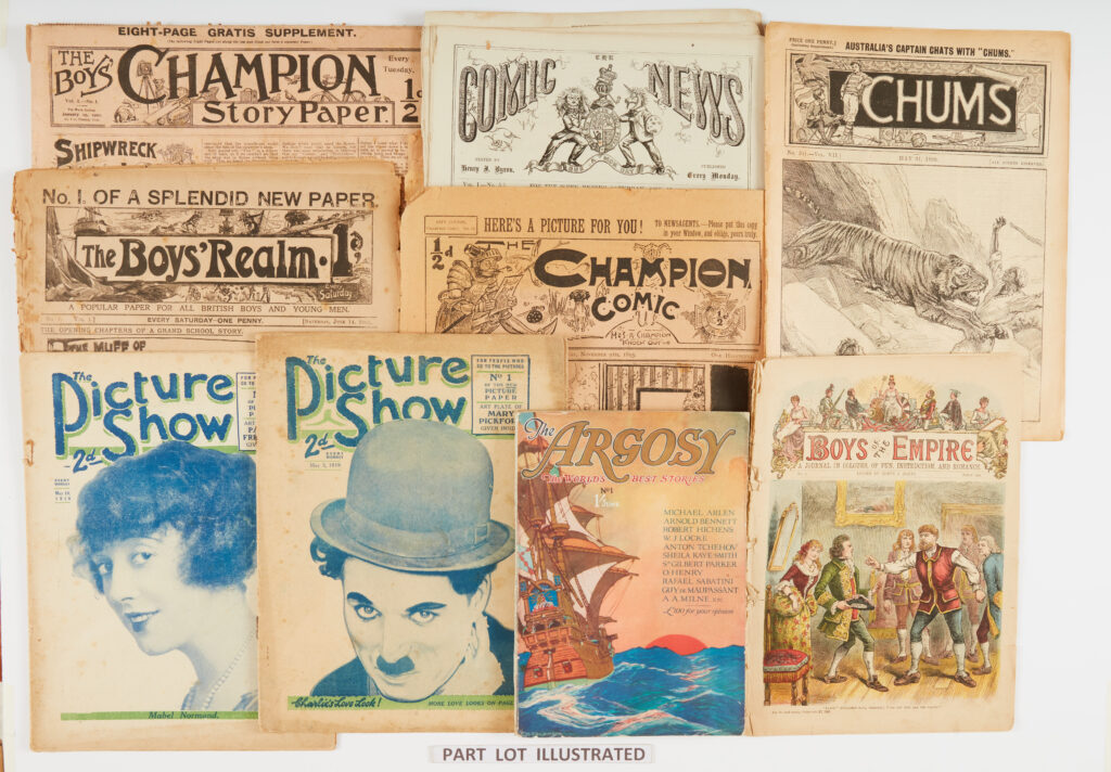 Early Story Papers, Comics and No 1s (1817-1926). Boys' Champion No 1 (1901), Boys' Realm No 1 (1902), Comic News 2, 5 (1863), Champion Comic 19 (1895), Chums 351 (1899), Boys of the Empire 4 (1888), Picture Show 1, 2 (1919) with Charlie Chaplin cover and stories. Sporting Magazine 1 (1817), Champion Boys' Paper 1 (1913) and Argosy 1 (1926) including Dracula by Bram Stokes and stories by Arnold Bennett, A.A. Milne, Jerome K Jerome and Guy de Maupassant [gd/vg] (12)