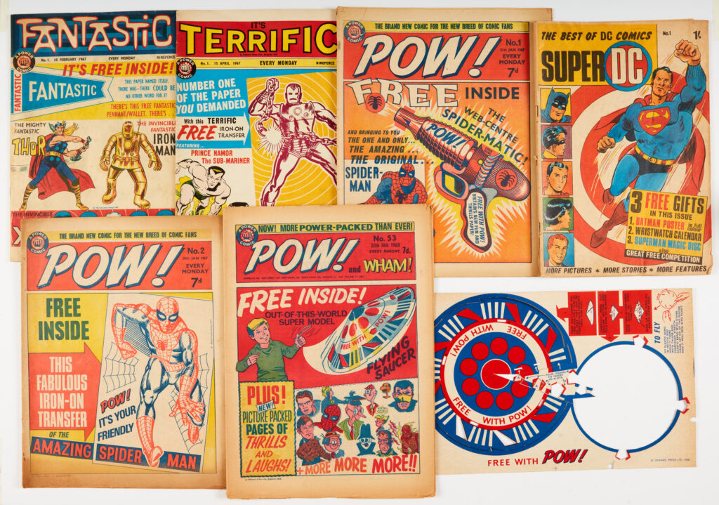Fantastic 1 (1967) [vg/fn] with It's Terrific 1 [fn-], Super DC No 1 [vg], POW! No 1 [vg], 2 [vg], 53 [vg] wfg Flying Saucer (missing smaller section) (6)