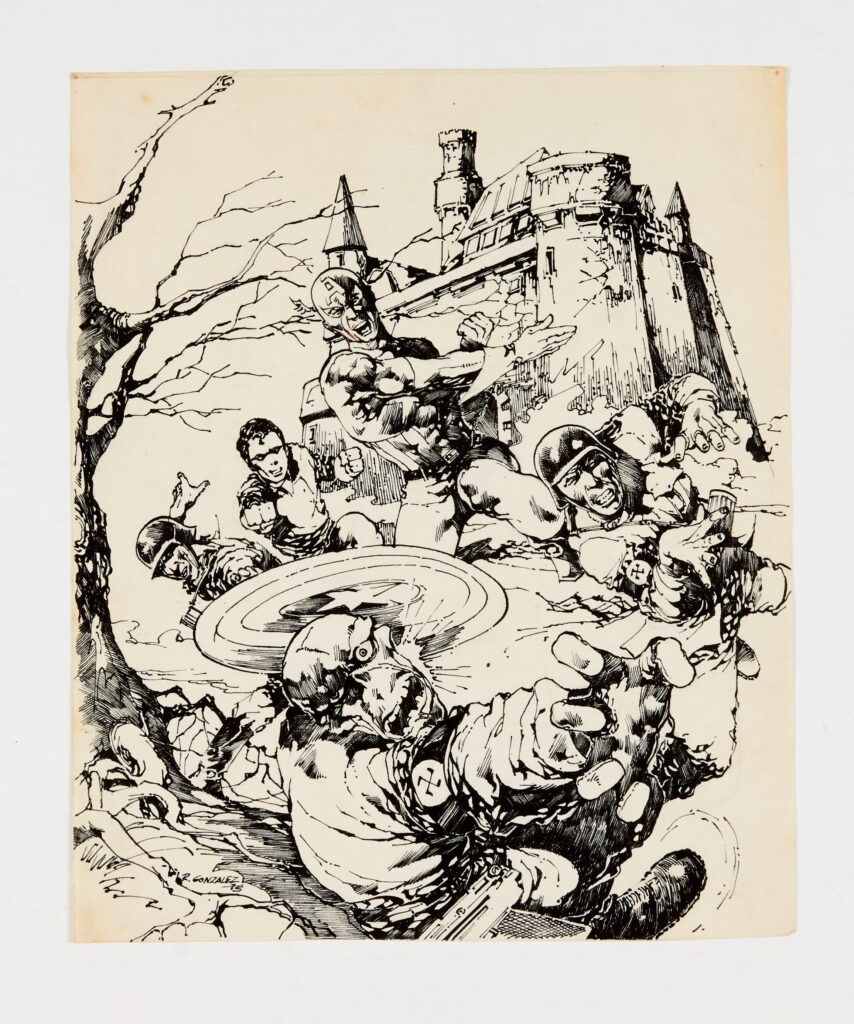 Captain America original fanzine back cover artwork (1975) drawn and signed by Rafael Gonzalez Negrete for Fantasy Unlimited # 27. From the Alan Austin Archive of original artwork. Indian ink on paper. 10 x 8 ins