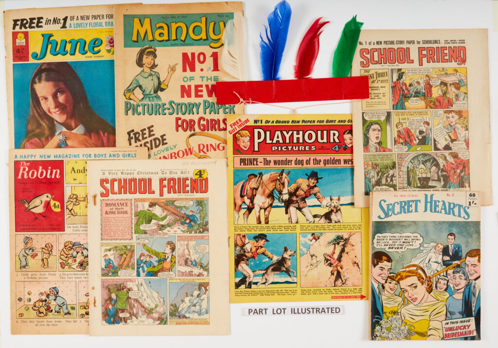 Girl No 1 (1951) [vfn] wfg H.R.H. Princess Elizabeth Special Presentation Plate, No 2 [fn+], June 1 (1961) [vg], Mandy 1 (1967) [vg-], Playhour 1 (1954) [fn] wfg Red Indian head-dress, Robin 1 (1953) [fn-], School Friend (1950) 1 [fn], 450 Xmas (1958) [vg], T.V. Fun (1953-58) 1 [vg], 67 Xmas 1954 (fn], 68 Xmas Holiday Number [fn], Xmas 1958 [vfn], Secret Hearts 8 [fn-], Swift 1 (1954) [fn], Teddy Bear 1 (1963) [vfn] wfg My Playtime Puzzle Book (15)