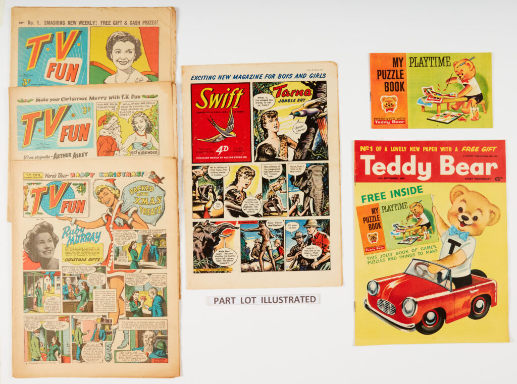 Girl No 1 (1951) [vfn] wfg H.R.H. Princess Elizabeth Special Presentation Plate, No 2 [fn+], June 1 (1961) [vg], Mandy 1 (1967) [vg-], Playhour 1 (1954) [fn] wfg Red Indian head-dress, Robin 1 (1953) [fn-], School Friend (1950) 1 [fn], 450 Xmas (1958) [vg], T.V. Fun (1953-58) 1 [vg], 67 Xmas 1954 (fn], 68 Xmas Holiday Number [fn], Xmas 1958 [vfn], Secret Hearts 8 [fn-], Swift 1 (1954) [fn], Teddy Bear 1 (1963) [vfn] wfg My Playtime Puzzle Book (15)