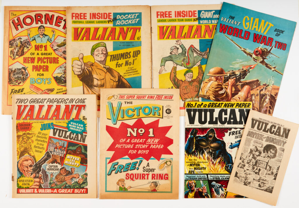 Hornet 1 (1963) [vg], Valiant (1962) 1 [vg], 2 [vg/fn] wfg Giant Book of World War Two, Valiant and Vulcan (10.4.'76) [vg/fn] wfg Vulcan Mini Mag [vg/fn], Vulcan 1 (1975) [vfn], Victor 1 (1961) [vg+] (6)