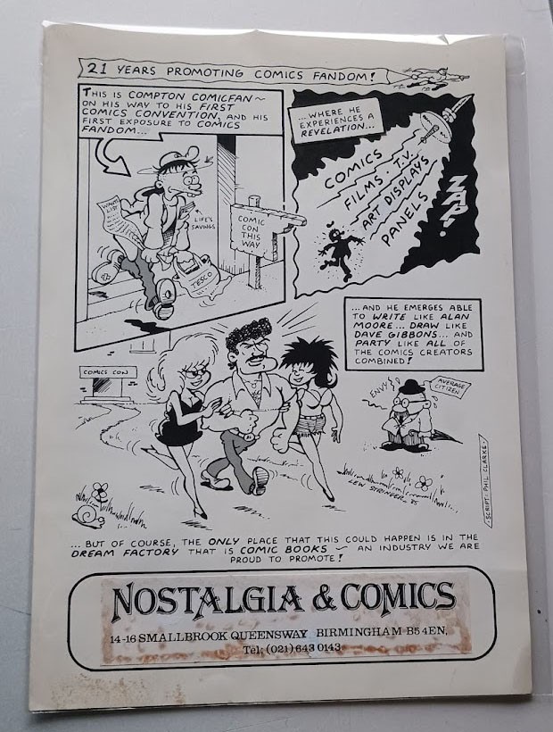 A real piece of British comics history! Lew’s original A4 artwork for an advert for the Birmingham comic shop Nostalgia and Comics, that he drew in 1985. Script written by the shop's owner and comic hstorian Phil Clarke