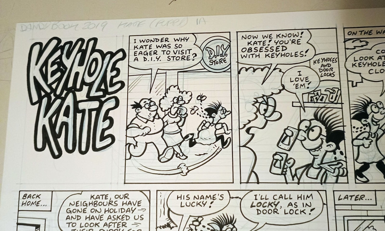 Original artwork for a complete “Keyhole Kate” story Lew did for The Dandy Annual 2019. The page is drawn as two separate halves