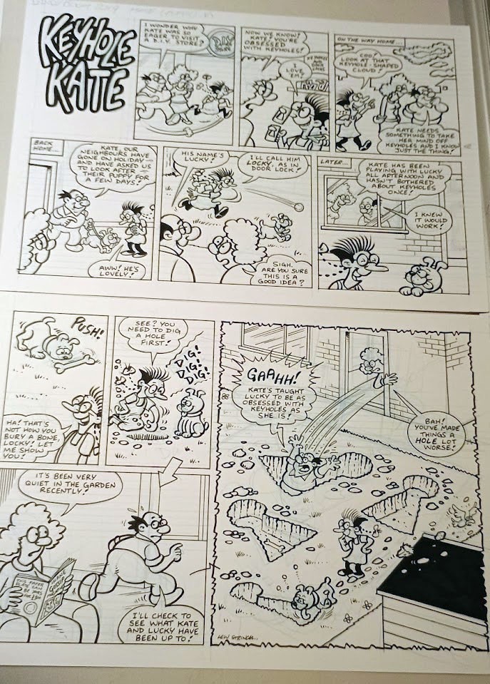 Original artwork for a complete “Keyhole Kate” story Lew did for The Dandy Annual 2019. The page is drawn as two separate halves
