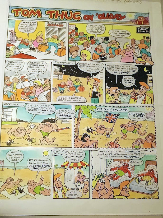 Original artwork for a Tom Thug complete story that Lew wrote and drew did for Buster comic cover dated 26th August 1994. Signed by Lew in one of the panels. One of the “Tom Thug on 'Oliday” pages that I did every summer. Black ink and water colour ink on Bristol Board, the lettering on a clear plastic overlay (which is how comic art was produced back then). The overlay is held in place by a small piece of tape at the top