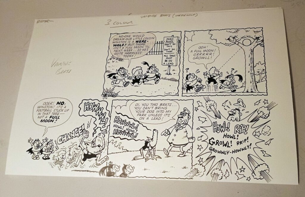 “Vampire Brats” complete page Lew drew for Buster comic around 1990, written by Roy Davis, signed by Lew in one of the panels. The page is in two halves taped at the back
