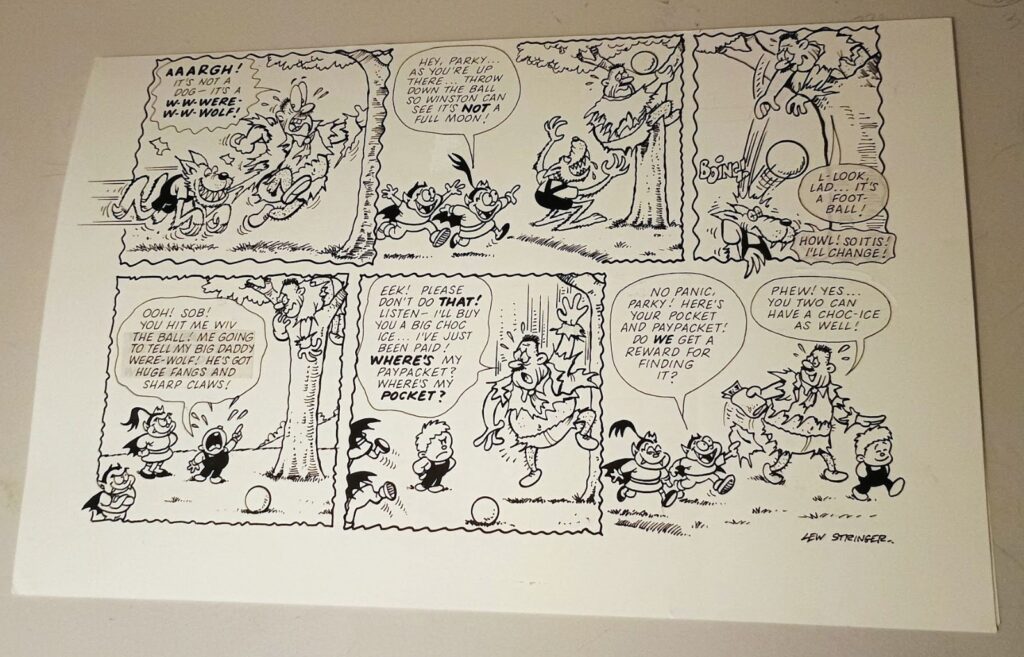 “Vampire Brats” complete page Lew drew for Buster comic around 1990, written by Roy Davis, signed by Lew in one of the panels. The page is in two halves taped at the back