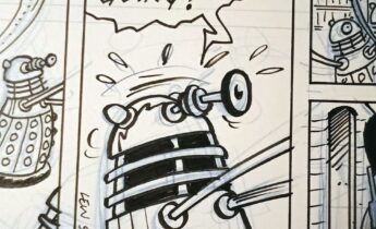 Original comic art featuring Daleks! Lew’s original artwork for a “Daft Dimension” comic strip he did for Doctor Who Magazine No. 622 (November 2025)