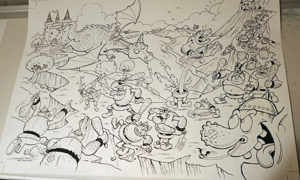 Large size original comic art featuring Goblins and Dragon by Lew Stringer from Know How magazine No.1, a two page spread published in 2002