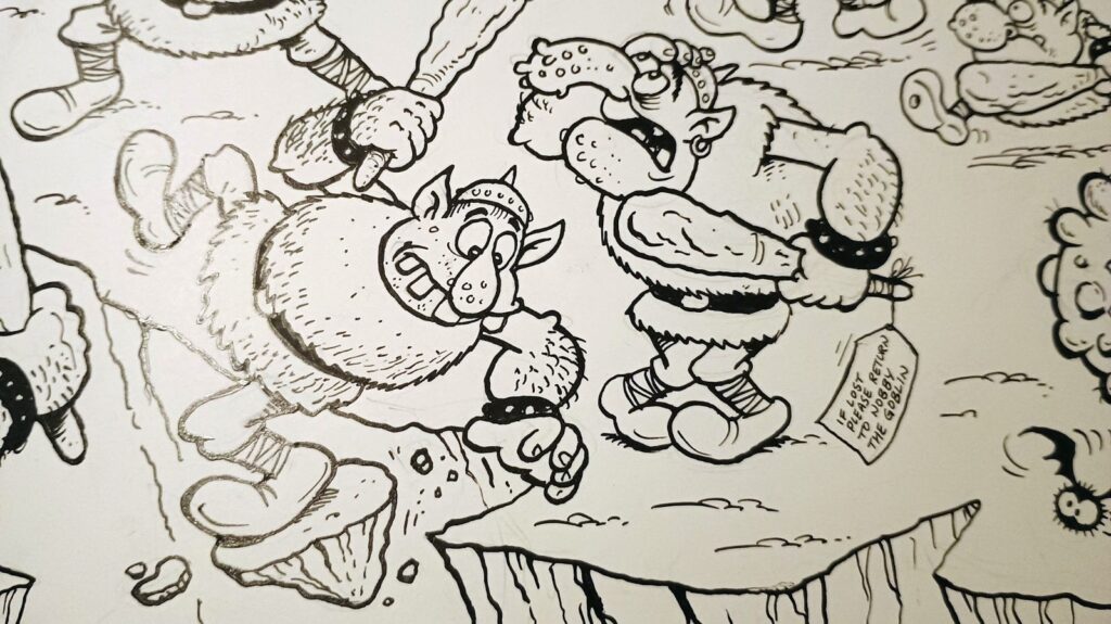 Detail from a Large size original comic art featuring Goblins and Dragon by Lew Stringer from Know How magazine No.1, a two page spread published in 2002