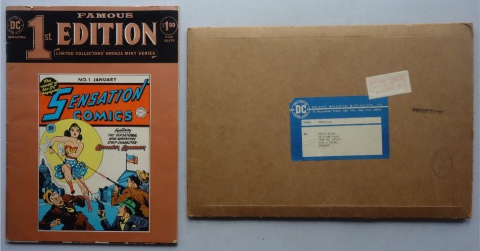 DC Comics Famous First 1st Edition comic C-30 Sensation Comics #1 1941 and Rare Posting Envelope (1974). Although Phil-Comics have sold the comic before, this comes in its rarely seen original posting envelope, post marked and date stamped November 1974. It was posted direct from the DC Offices in New York to a fan in Hull, East Yorkshire.