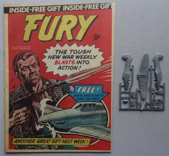 Fury No. 1 cover dated 16th March 1977 With Free Gift – Hurricane Snap Together Plane. War comic published by Marvel UK