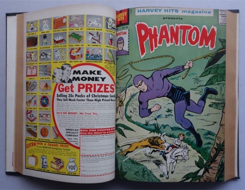 Harvey Comics November 1959: 12 Publisher File Copies - Phantom, Casper, Spooky, Felix etc. Possibly Harvey Comics archive copies that may have been the personal copy of the American publisher’s founder, Alfred Harvey. The lettering to the spine says "Alfred Harvey" to the base and there's an ink stamp to the inside cover that says: "Alfred Harvey - BO......E - Do Not Remove". This volume contains what seems to be file copies all of the Harvey Comics that were published for November 1959, a total of 12 issues, including Blondie, Casper, Dagwood, Phantom, Hot Stuff, Little Dot, Sad Sack, Spooky, Felix the Cat, Little Audrey, Little Max and Funny Friends (in that order within the volume)
