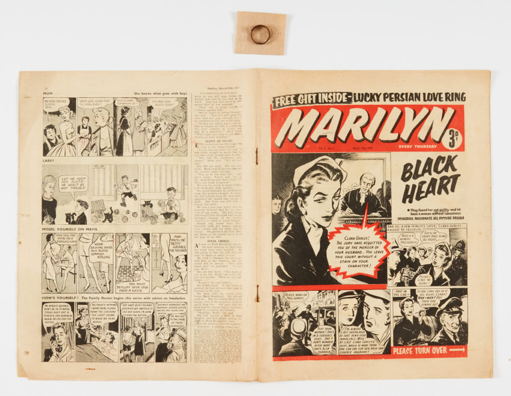 Marilyn No 1 (1955) wfg Lucky Persian Love Ring. Comic: cream pages, rusty staples [fn-]. The scarce Persian Love Ring is somewhat unloved and rusty.
