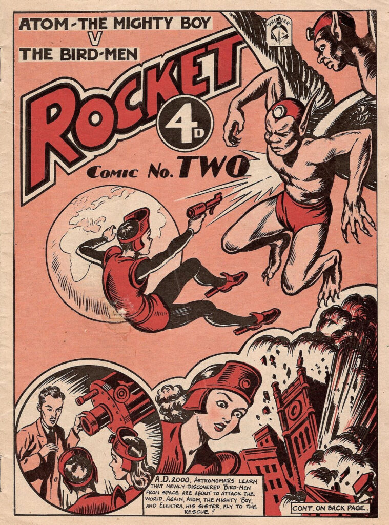 The Rocket Comic, 1949, published by Philipp Marx. Second of two issues. "Atom the Mighty Boy" by an unidentified artist. Other contributors include Bob Wilkin, Frank Minnitt and Walter Robertson
