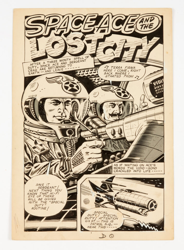 Space Ace and the Lost City original artwork (1960s) by Ron Turner for Lone Star Magazine, first published by DCMT before they sold to Atlas. Space Ace started with Lone Star No. 3 in 1952 with Turner illustrating him for over 10 years. Black pen and Letraset on cartridge paper. 15 x 11 ins.