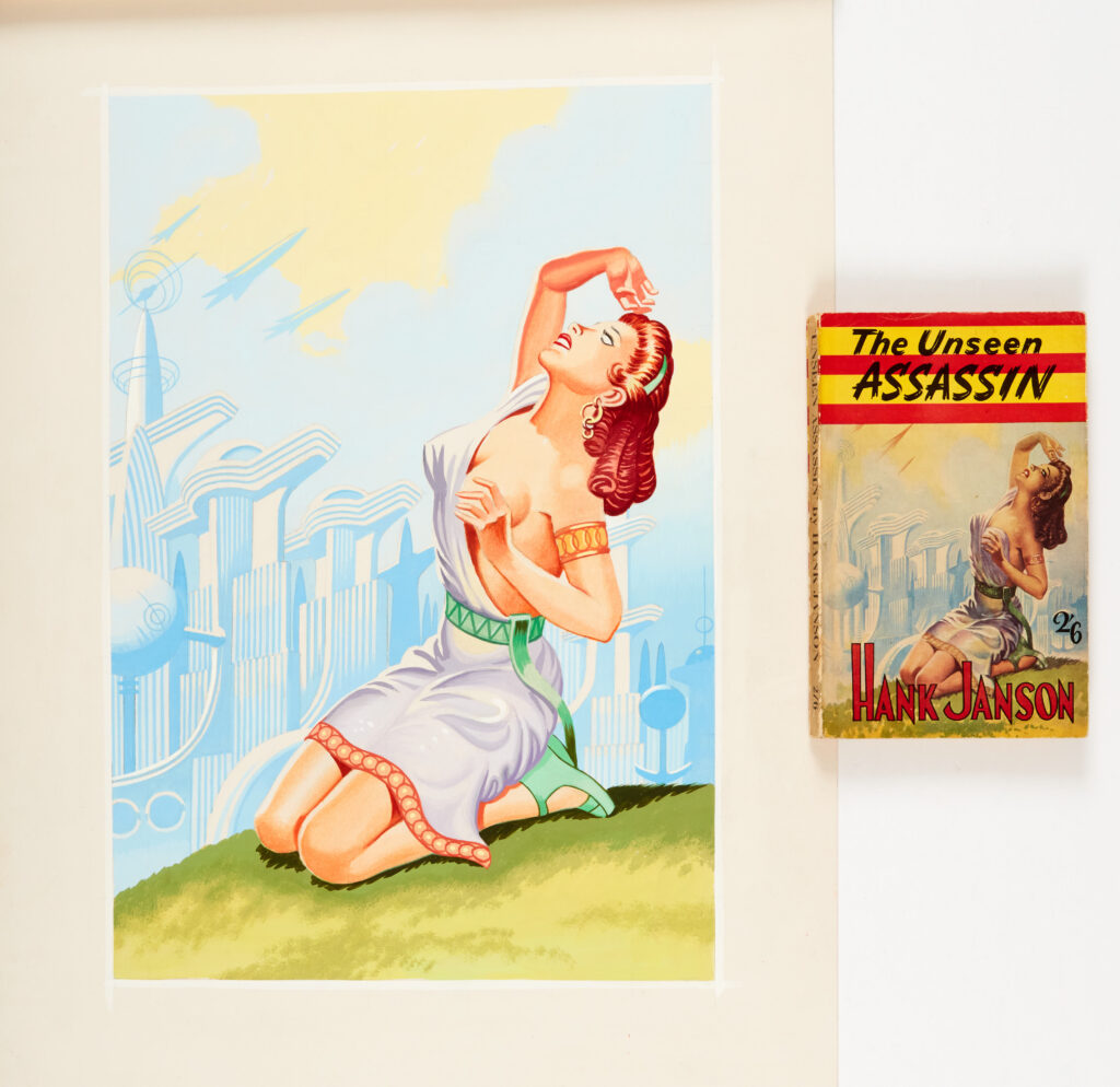 The Unseen Assassin re-creation cover artwork (1980s) by Ron Turner from the paperback published in 1956 by Alexander Moring Ltd (included in the lot) (nb The original 50s cover of the woman was by Reginald Heade, the background city by Ron Turner). Illustrated in 'The Fantastic Art of Ron Turner' book by John Lawrence. Poster colour on board. 19 x 14 ins including border