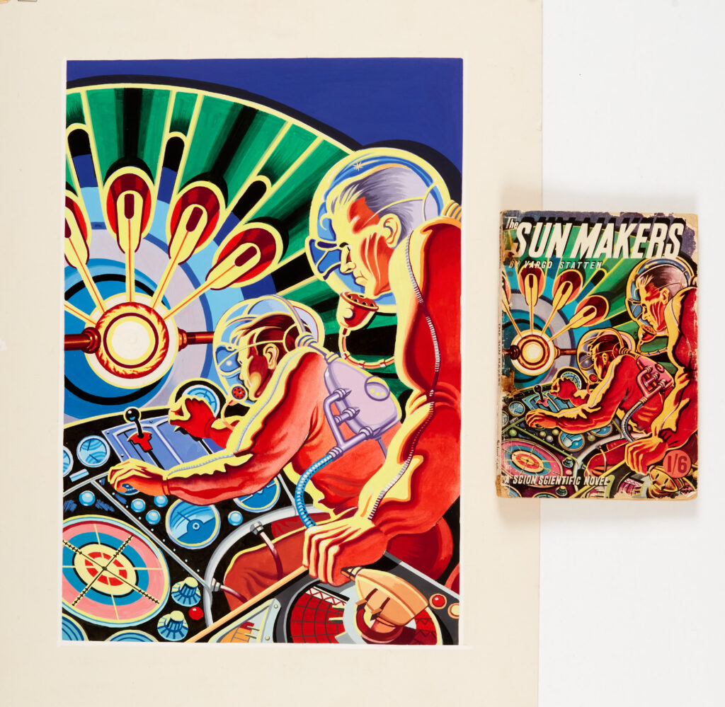 The Sun Makers re-creation cover artwork (1980s) by Ron Turner from the paperback of the same name by Vargo Statten published in 1950 (included in the lot) and illustrated in 'The Fantastic Art of Ron Turner' by John Lawrence. Poster colour on board, 19 x 14 ins including border