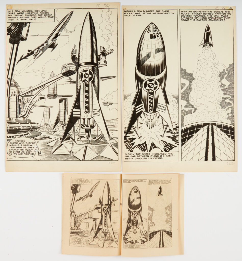 Rick Random: 2 original artworks (1957) by Ron Turner for Super-Detective Library No 101 'The Riddle of the Vanishing People'. Pgs 34 & 35. Pen and ink on card, 14 x 10 ins (2 artworks)