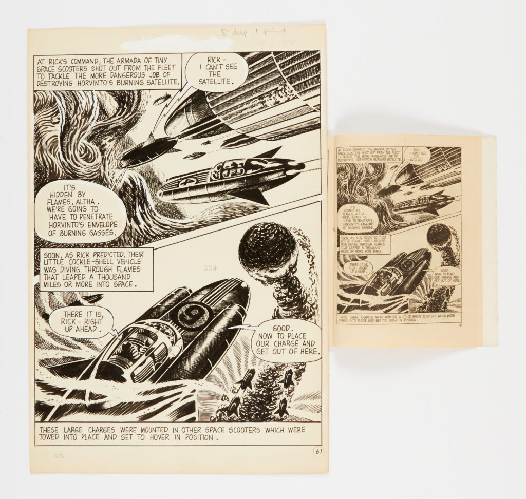 Rick Random original artwork (1957) by Ron Turner for Super-Detective Library No 111 pg 61 'Sabotage from Space'. Pen and ink on card. 14 x 10 ins