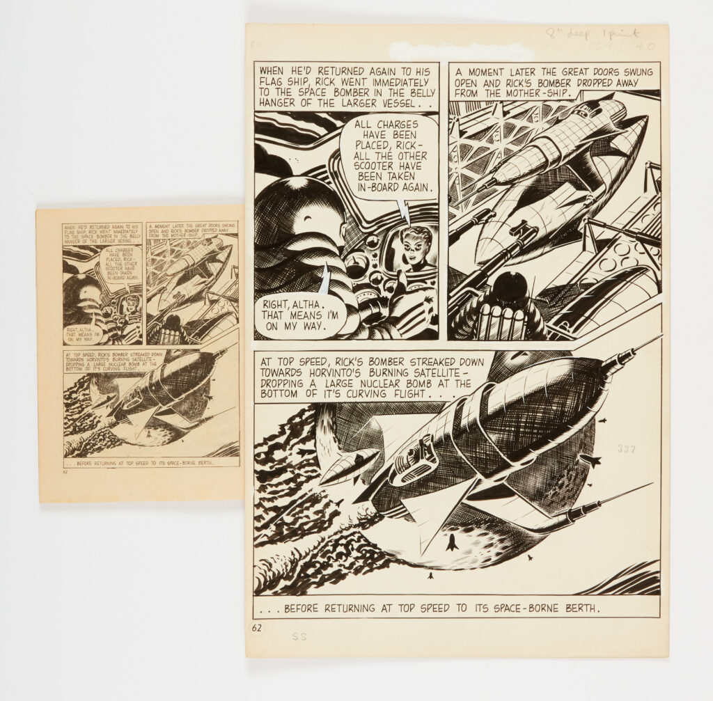 Rick Random original artwork (1957) by Ron Turner for Super-Detective Library No 111 pg 62 'Sabotage from Space'. Pen and ink on card. 14 x 10 ins