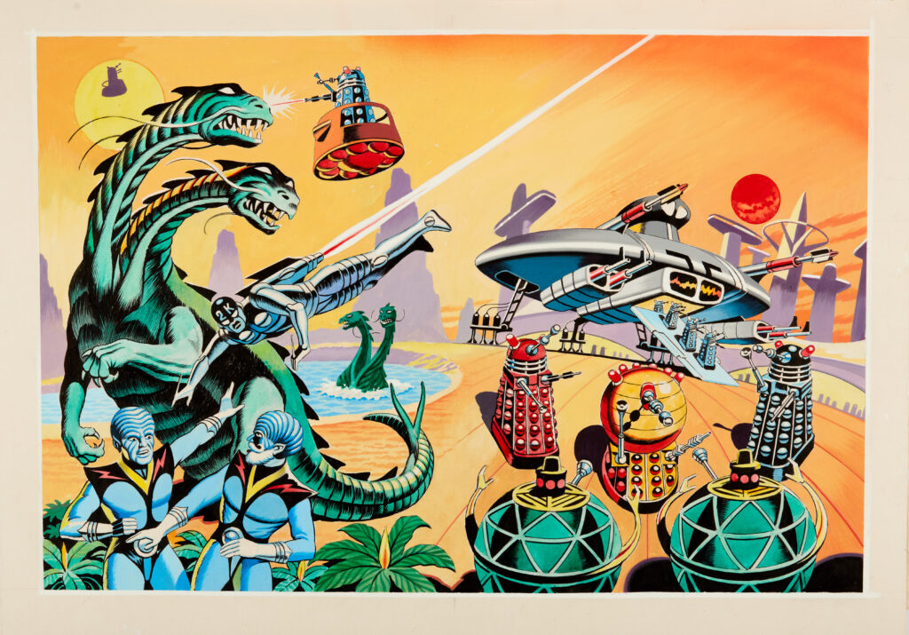 The Daleks Chronicles cover artwork (1990s) by Ron Turner, for Marvel UK, inspired by his TV Century 21 Daleks back cover artworks from the 1960s. This art features in the recently published 'The Fantastic Art of Ron Turner' by John Lawrence. Poster colour on board. 24 x 17 ins (including border)