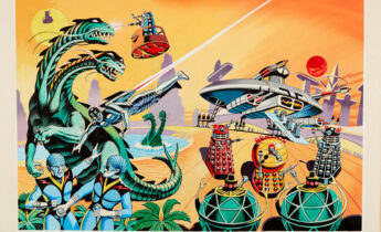 The Daleks Chronicles cover artwork (1990s) by Ron Turner, for Marvel UK, inspired by his TV Century 21 Daleks back cover artworks from the 1960s. This art features in the recently published 'The Fantastic Art of Ron Turner' by John Lawrence. Poster colour on board. 24 x 17 ins (including border)