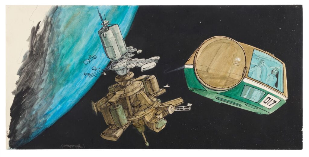 A travel pod and orbital office complex design hand-painted by renowned storyboard artist and production illustrator Andrew Probert for Robert Wise's Star Trek: The Motion Picture. Kirk (William Shatner) and Scotty (James Doohan) took the travel pod to the newly upgraded USS Enterprise.